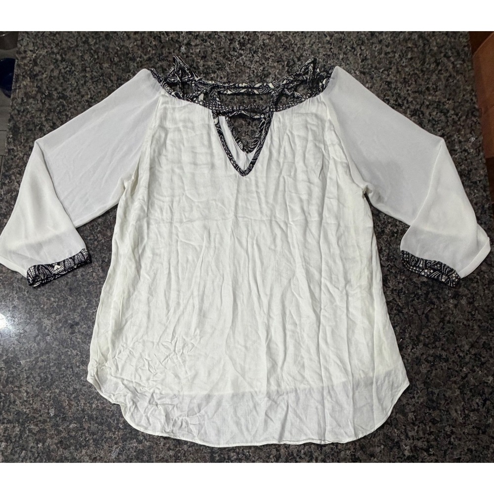 Gentle Fawn White Lace Trim Boho Tunic Blouse Long Sleeve High Low Top Medium